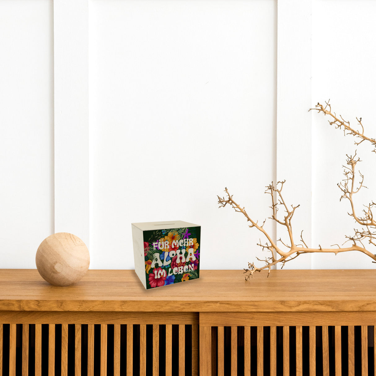 Spardose mit buntem Blumenmotiv und Spruch - Für mehr Aloha im Leben