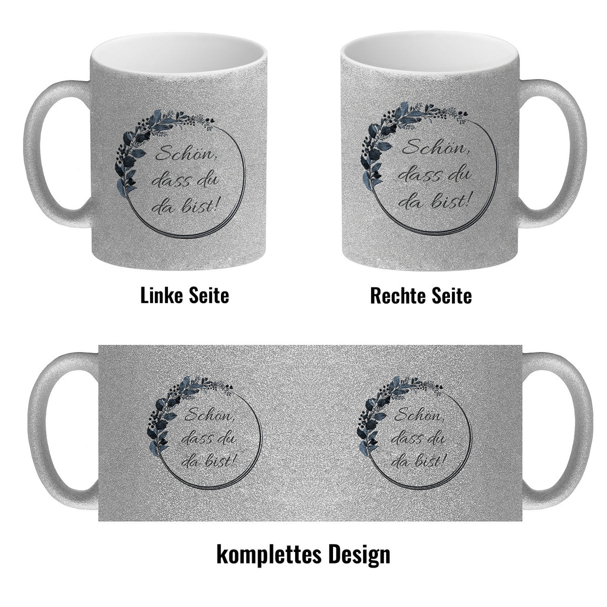 Schön, dass du da bist! Kaffeebecher mit Blumenkranz herrlich wunderbar Kaffeepott Trinkschale edel Gebinde Bukett Strauß Blumen Bouquet Spruch Slogan Sinnspruch Lebensregel