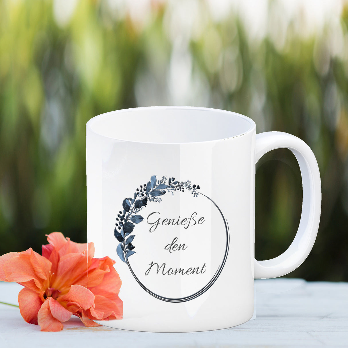 Schön, dass du da bist! Kaffeebecher mit Blumenkranz herrlich wunderbar Kaffeepott Trinkschale edel Gebinde Bukett Strauß Blumen Bouquet Spruch Slogan Sinnspruch Lebensregel