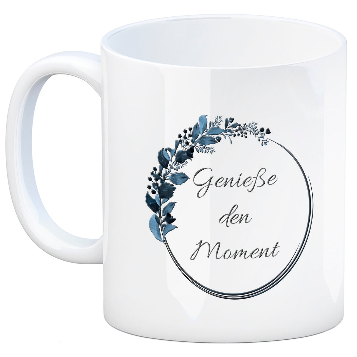 Schön, dass du da bist! Kaffeebecher mit Blumenkranz herrlich wunderbar Kaffeepott Trinkschale edel Gebinde Bukett Strauß Blumen Bouquet Spruch Slogan Sinnspruch Lebensregel