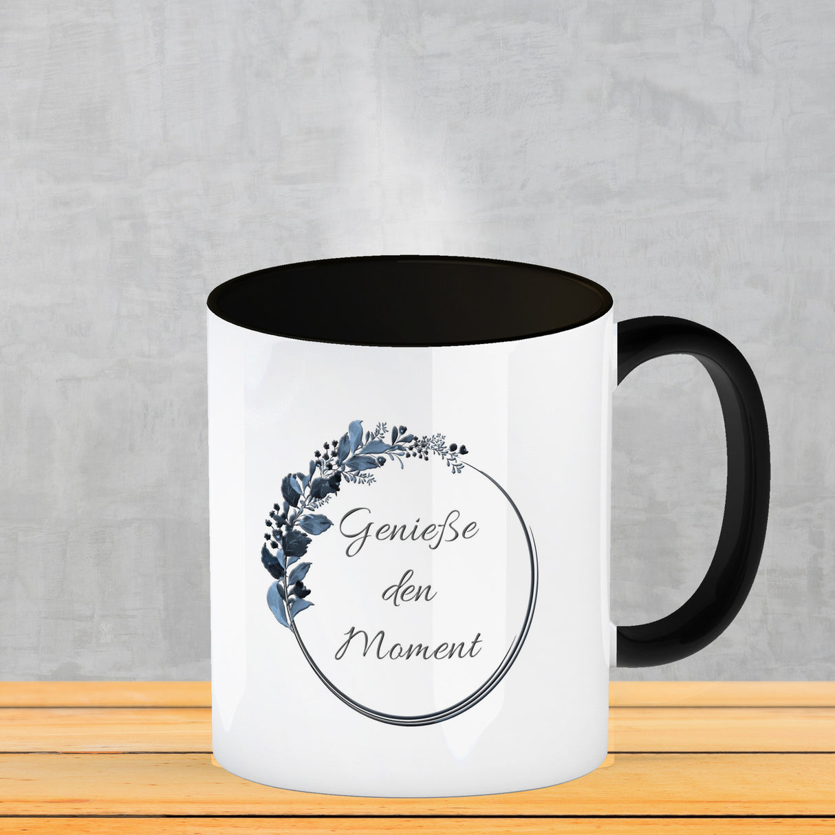 Schön, dass du da bist! Kaffeebecher mit Blumenkranz herrlich wunderbar Kaffeepott Trinkschale edel Gebinde Bukett Strauß Blumen Bouquet Spruch Slogan Sinnspruch Lebensregel