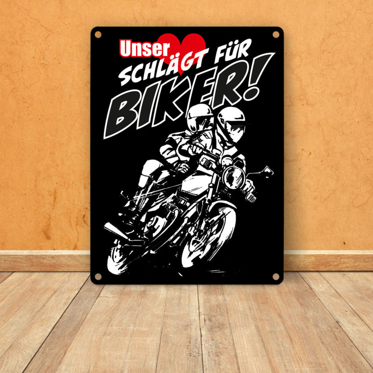 Metallschild mit Motorrad Unser Herz schlägt für Biker