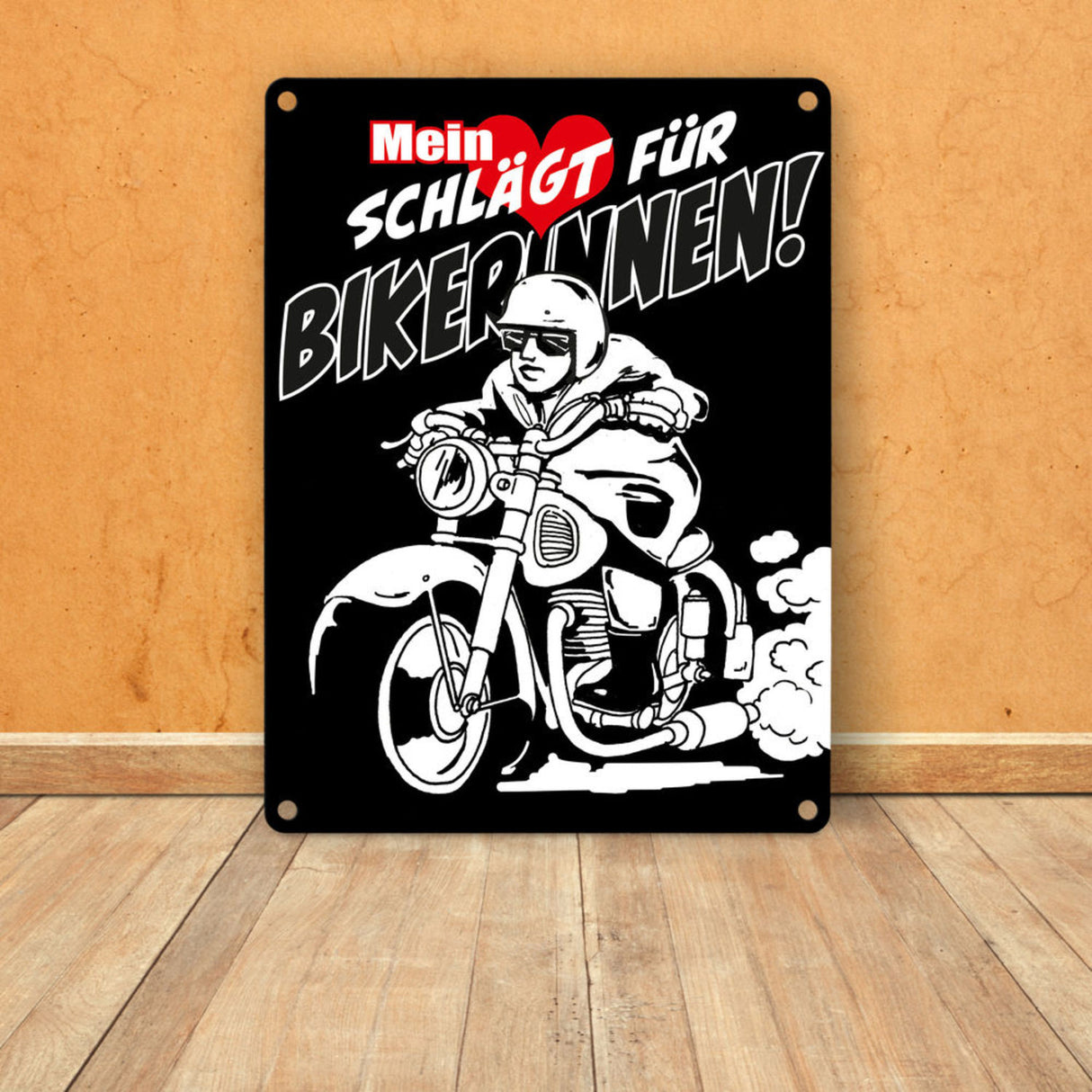 Metallschild mit Motorrad Mein Herz schlägt für Bikerinnen