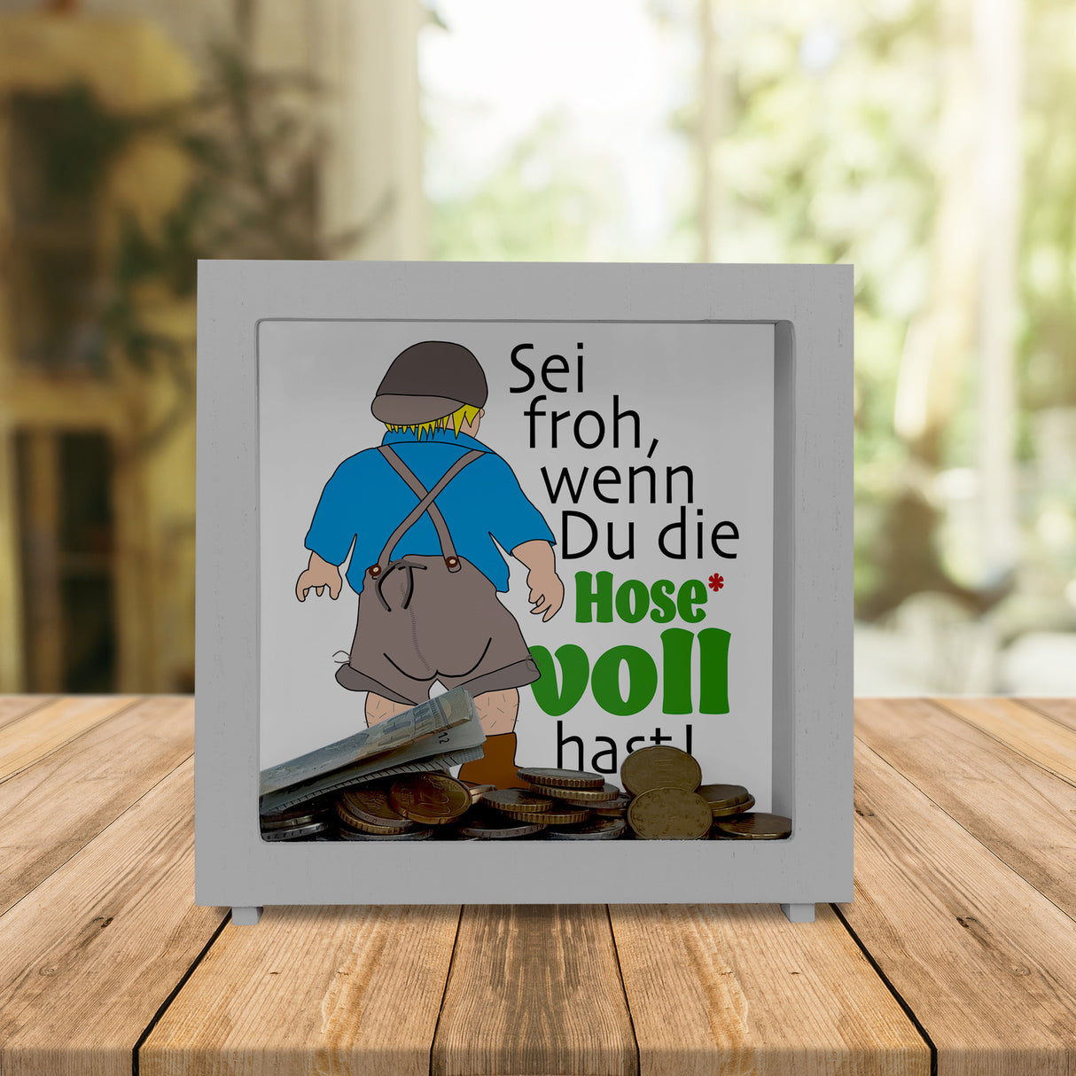 Volle Lederhose Spardose mit Spruch - Hosen voll