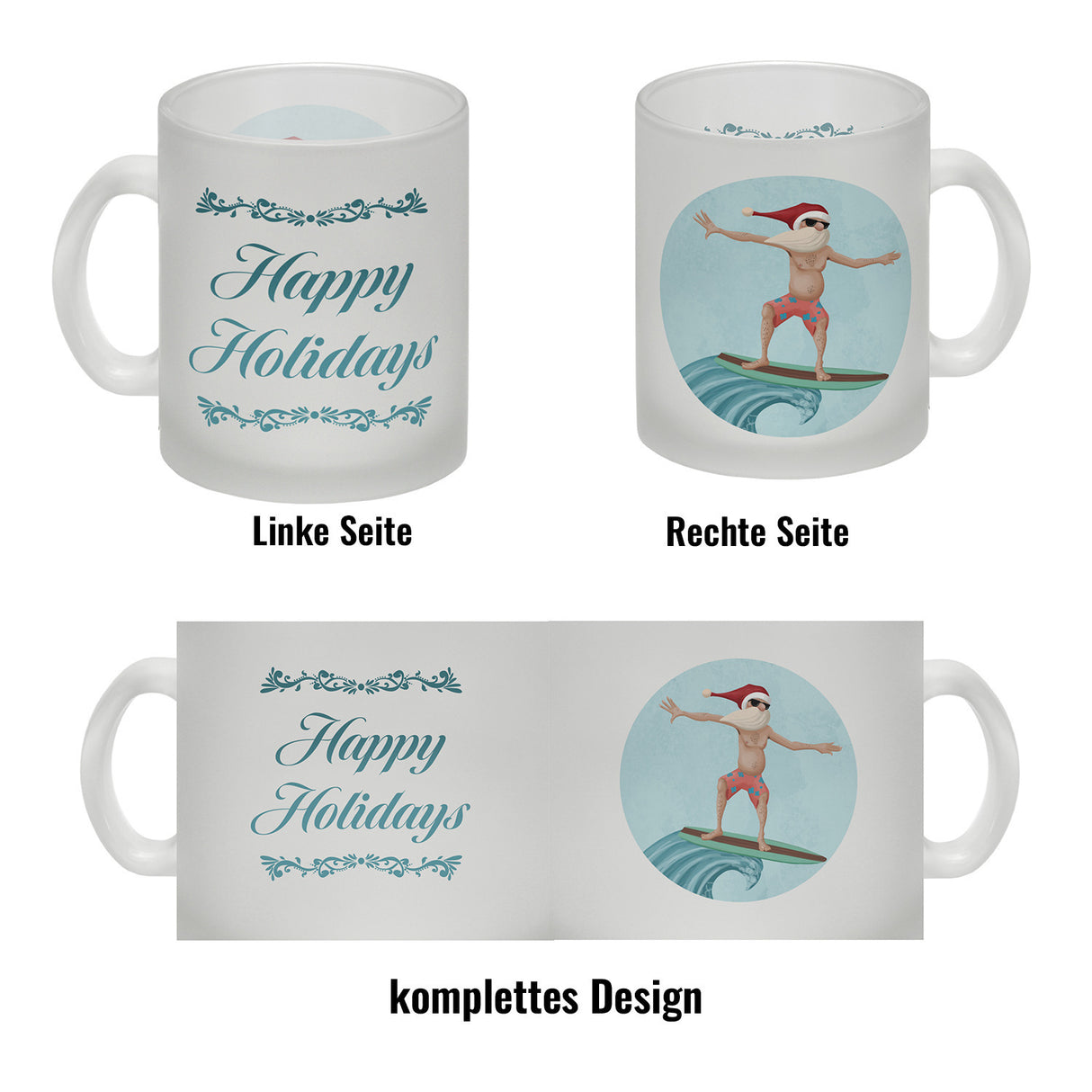 Happy Holidays witziger Kaffeebecher mit Weihnachtsmann auf Surfbrett