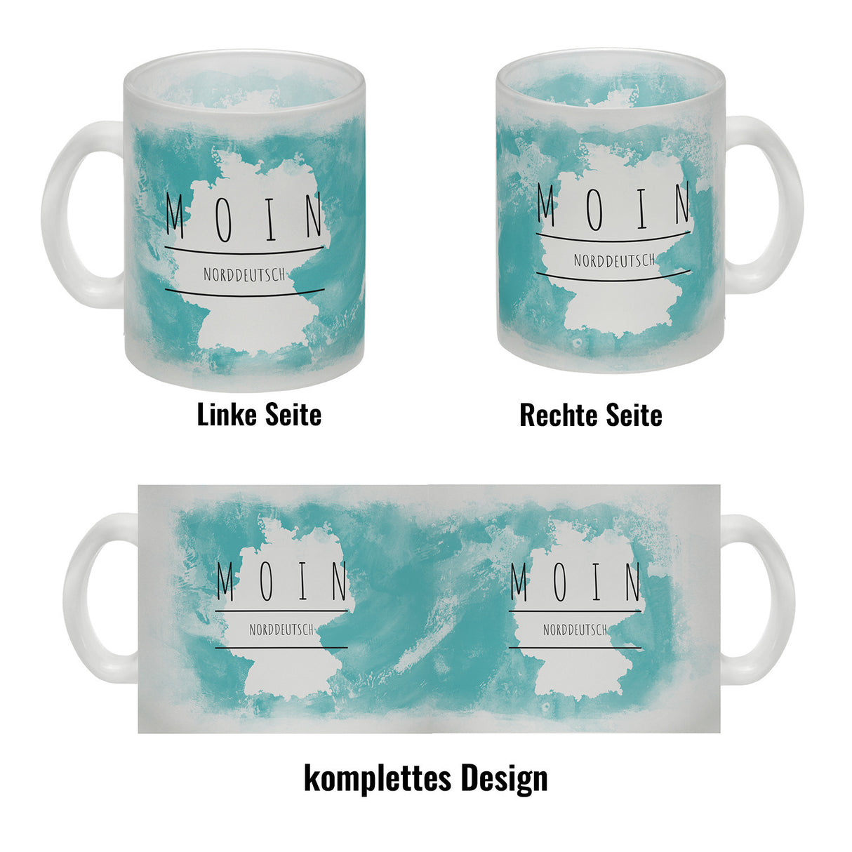 Hallo auf Norddeutsch Moin lustiger Kaffeebecher mit blauem Hintergrund