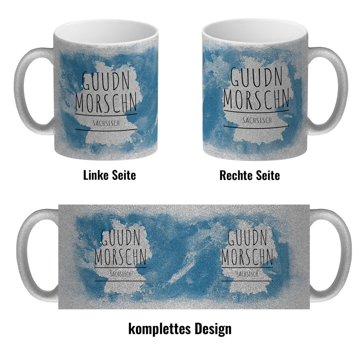 Hallo auf Sächsisch Guudn Morschen lustiger Kaffeebecher mit blauem Hintergrund