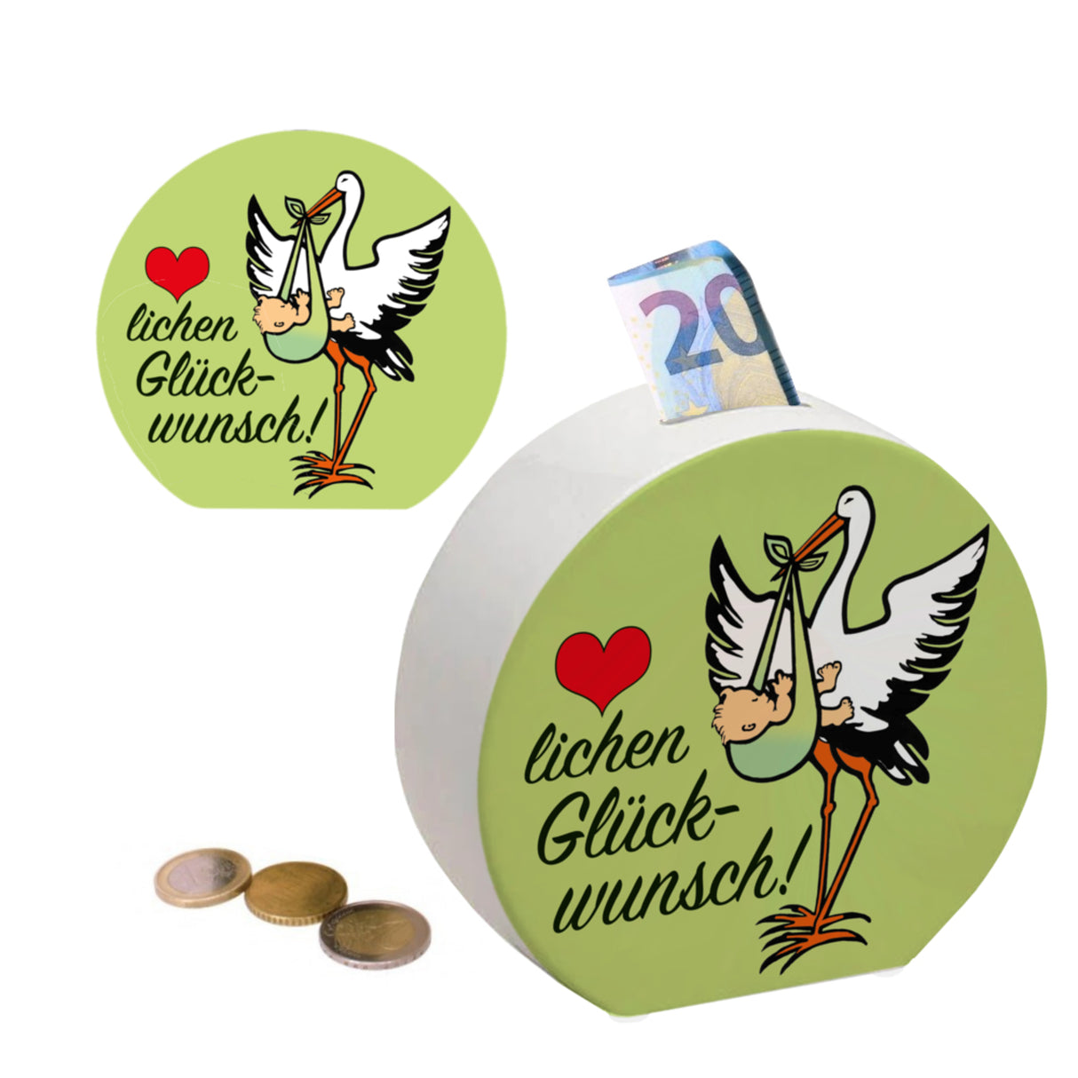 Storch und Kind Spardose zur Geburt mit niedlichem Motiv