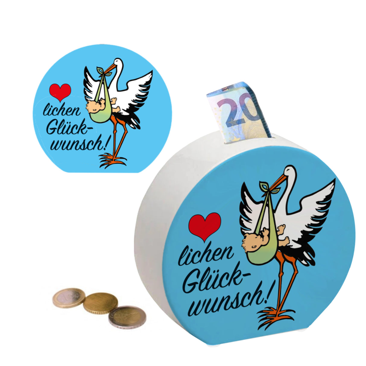 Storch und Kind Spardose zur Geburt mit niedlichem Motiv