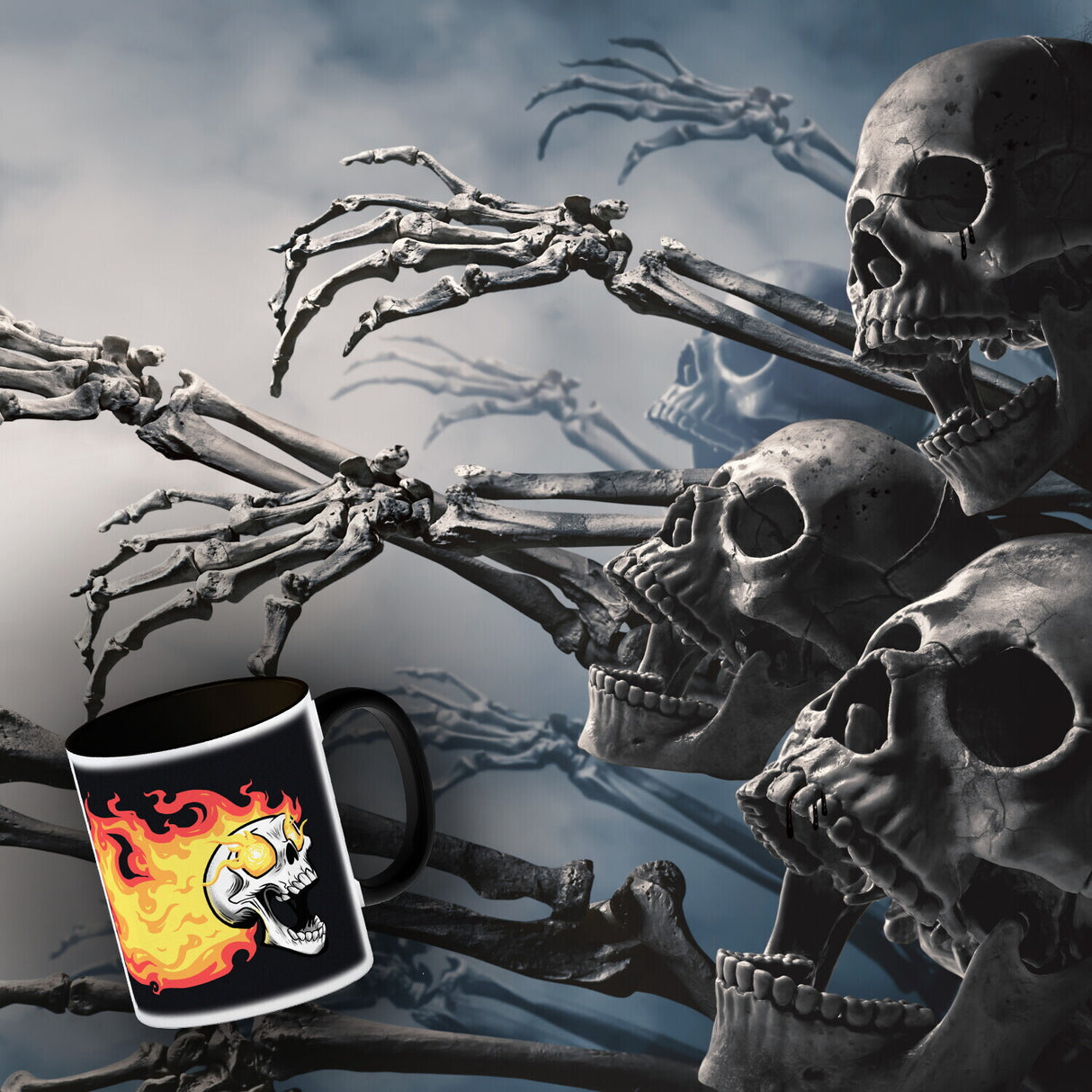 Rock n' Roll Kaffeebecher mit Flammen und Totenkopf