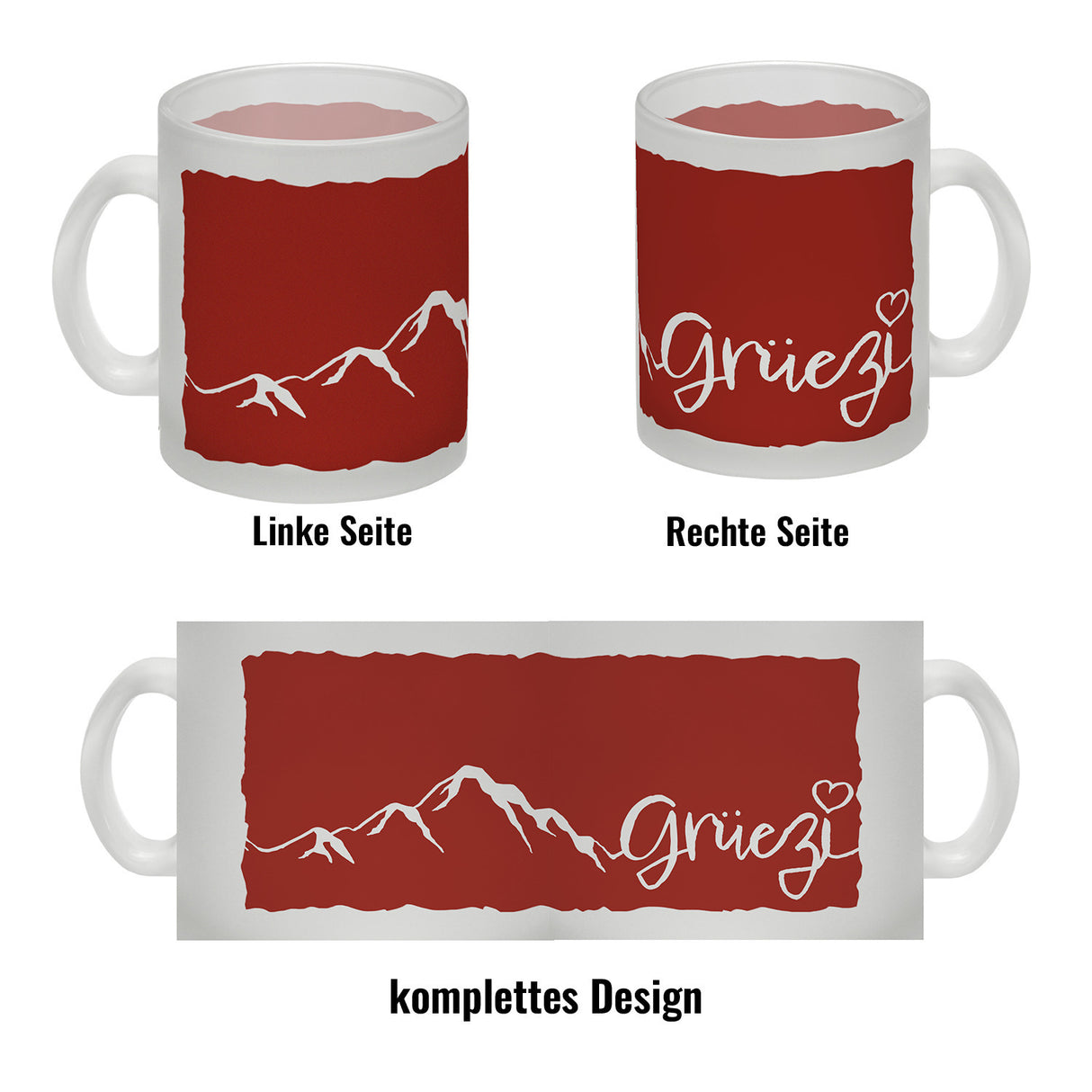 Kaffeebecher mit Grüezi-Schriftzug mit Herz und Bergen