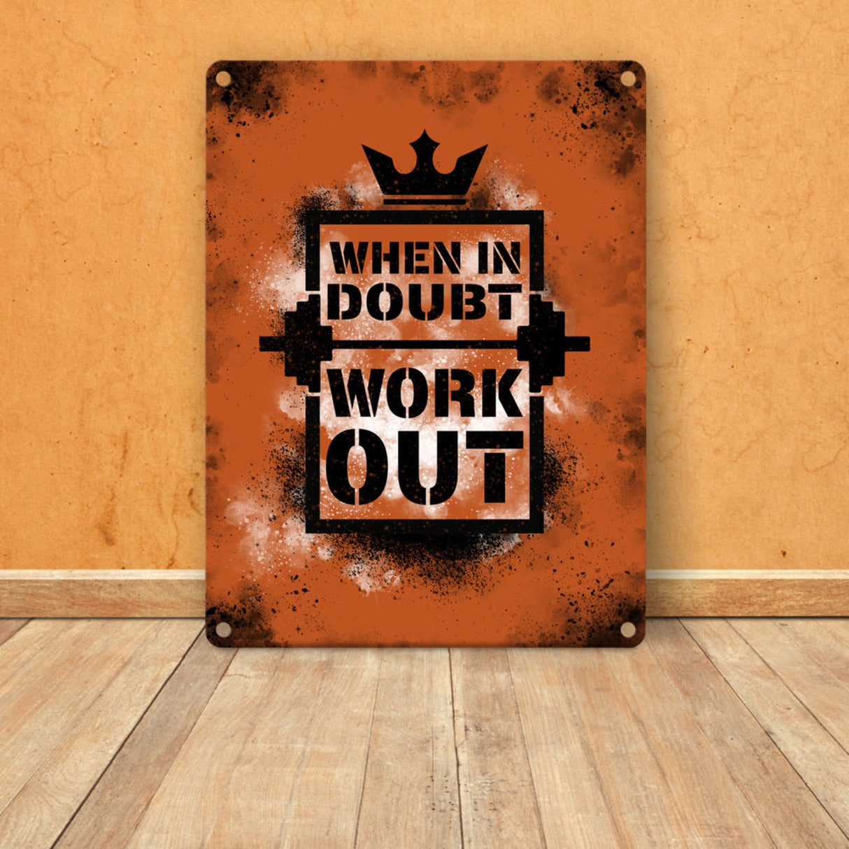 When in doubt Work out Metallschild mit motivierendem Spruch in {Gelb}