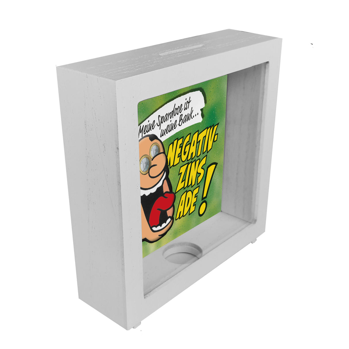 Spardose zum Thema Negativzins mit Comic-Motiv