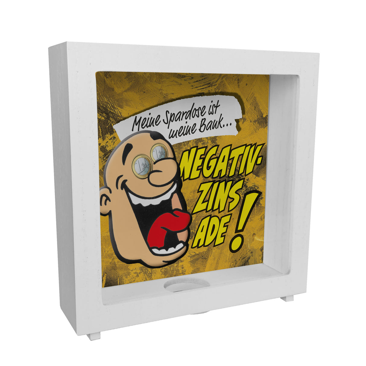 Spardose zum Thema Negativzins mit Comic-Motiv