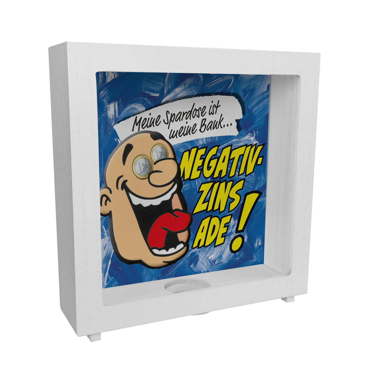 Spardose zum Thema Negativzins mit Comic-Motiv