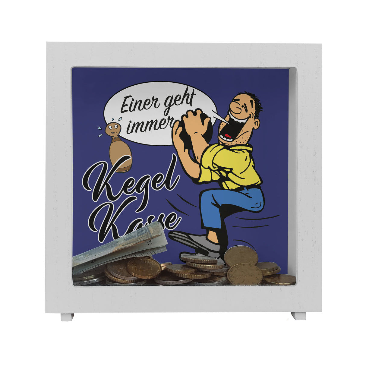 Kegelkasse Spardose Einer geht immer mit lustigem Kegelspieler Motiv