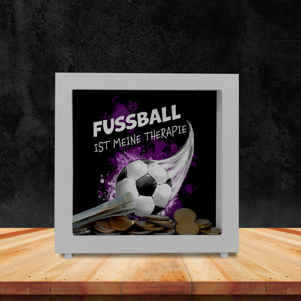 Fußball ist meine Therapie Spardose mit Fußball-Motiv