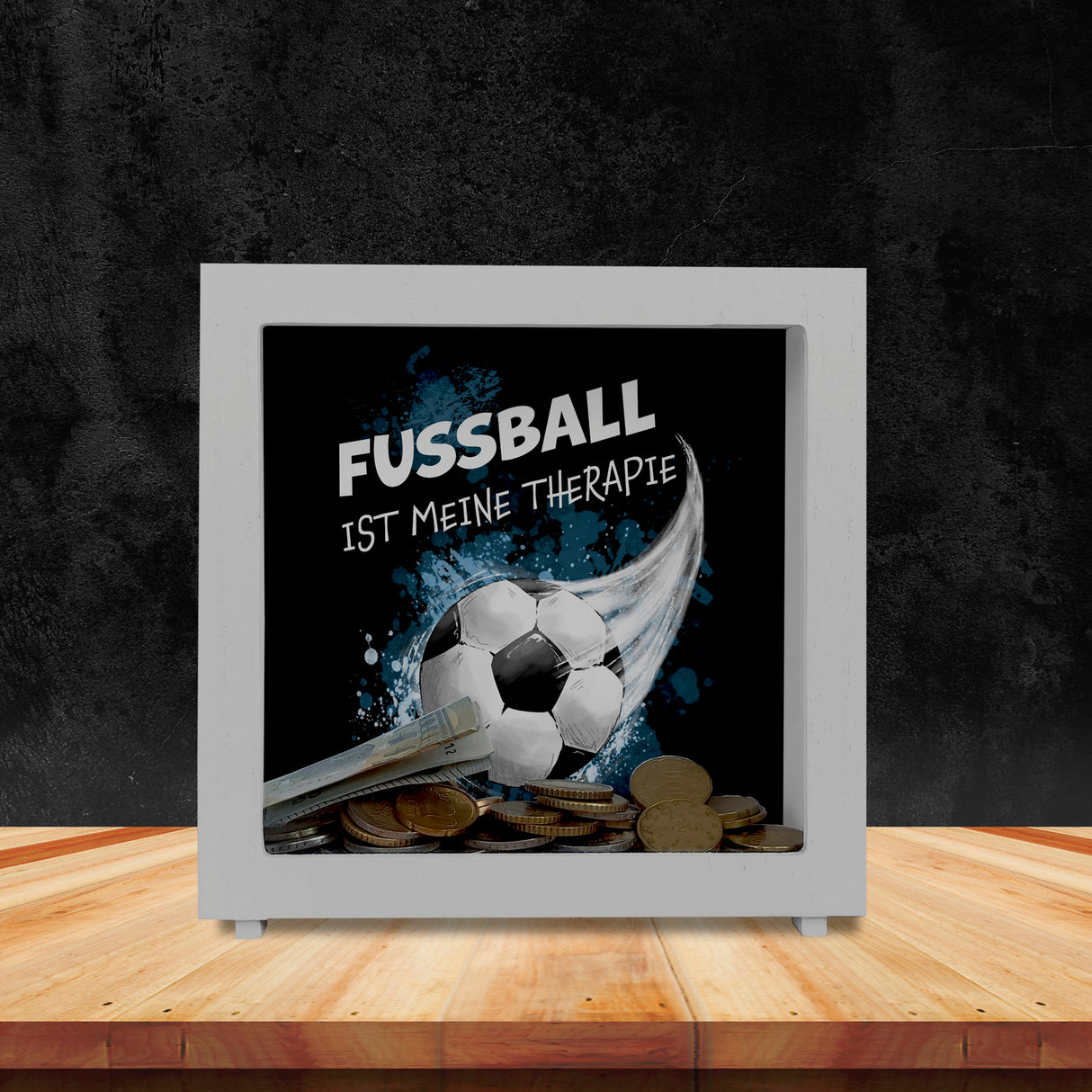 Fußball ist meine Therapie Spardose mit Fußball-Motiv