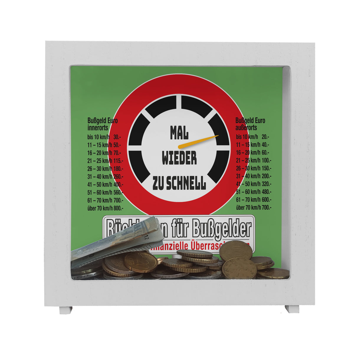 Zu schnell gefahren Bußgeld Spardose mit Straßenschild Motiv
