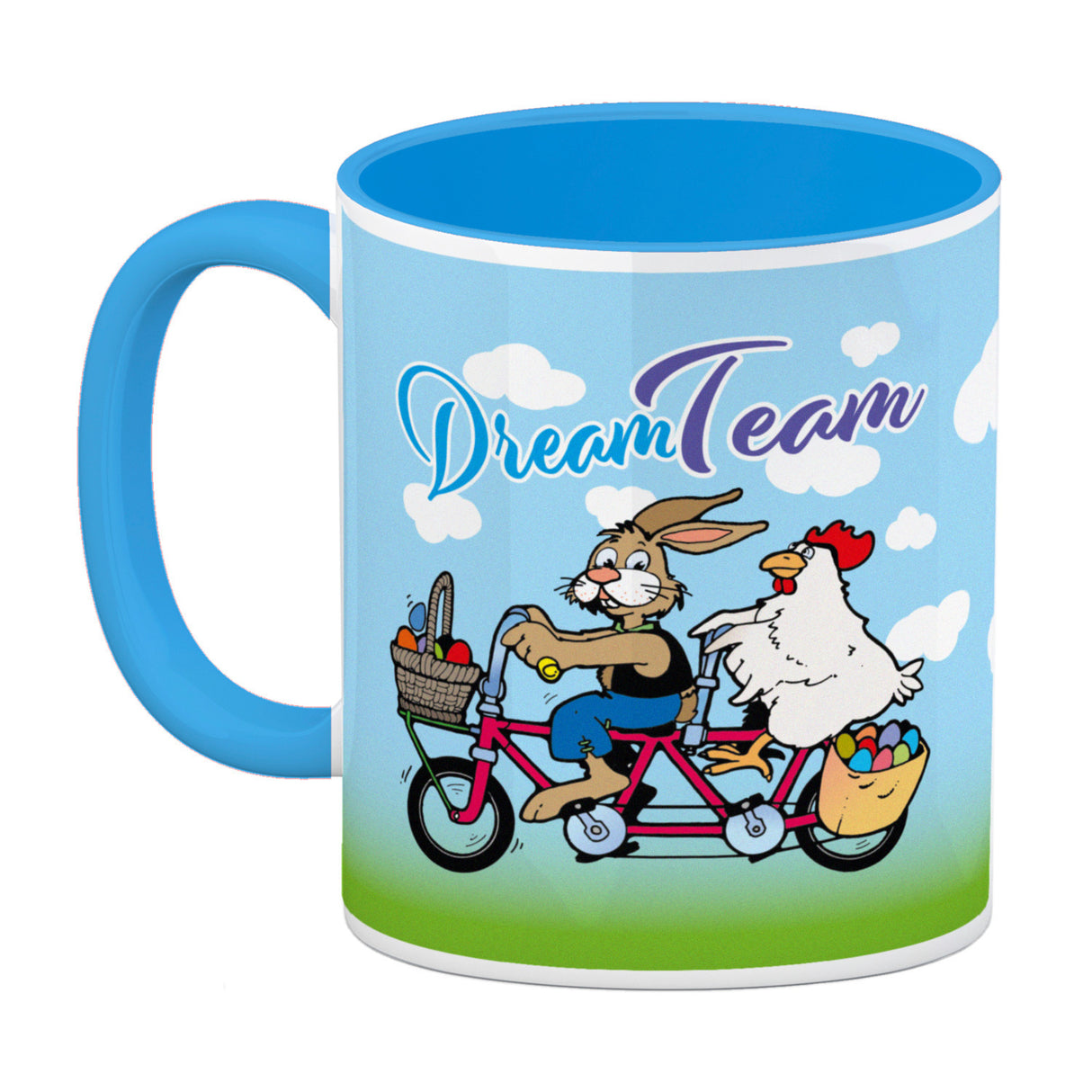 Osterhase und Huhn auf Tandem Kaffeebecher Thema Ostern