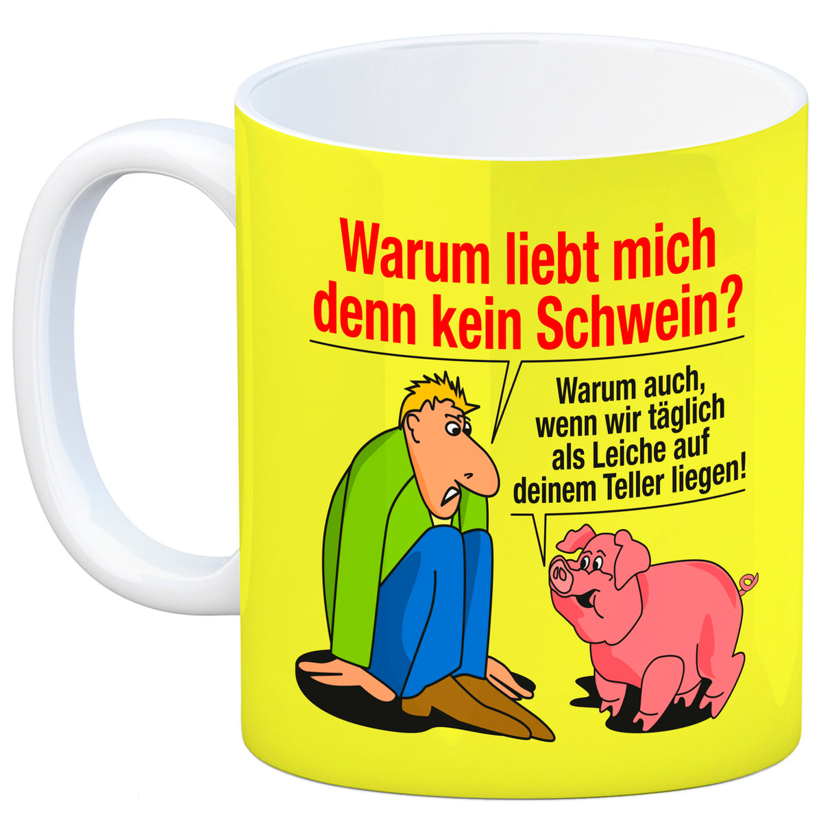Kaffeebecher zum Thema Fleischesser und Vegetarier mit Schweine Motiv