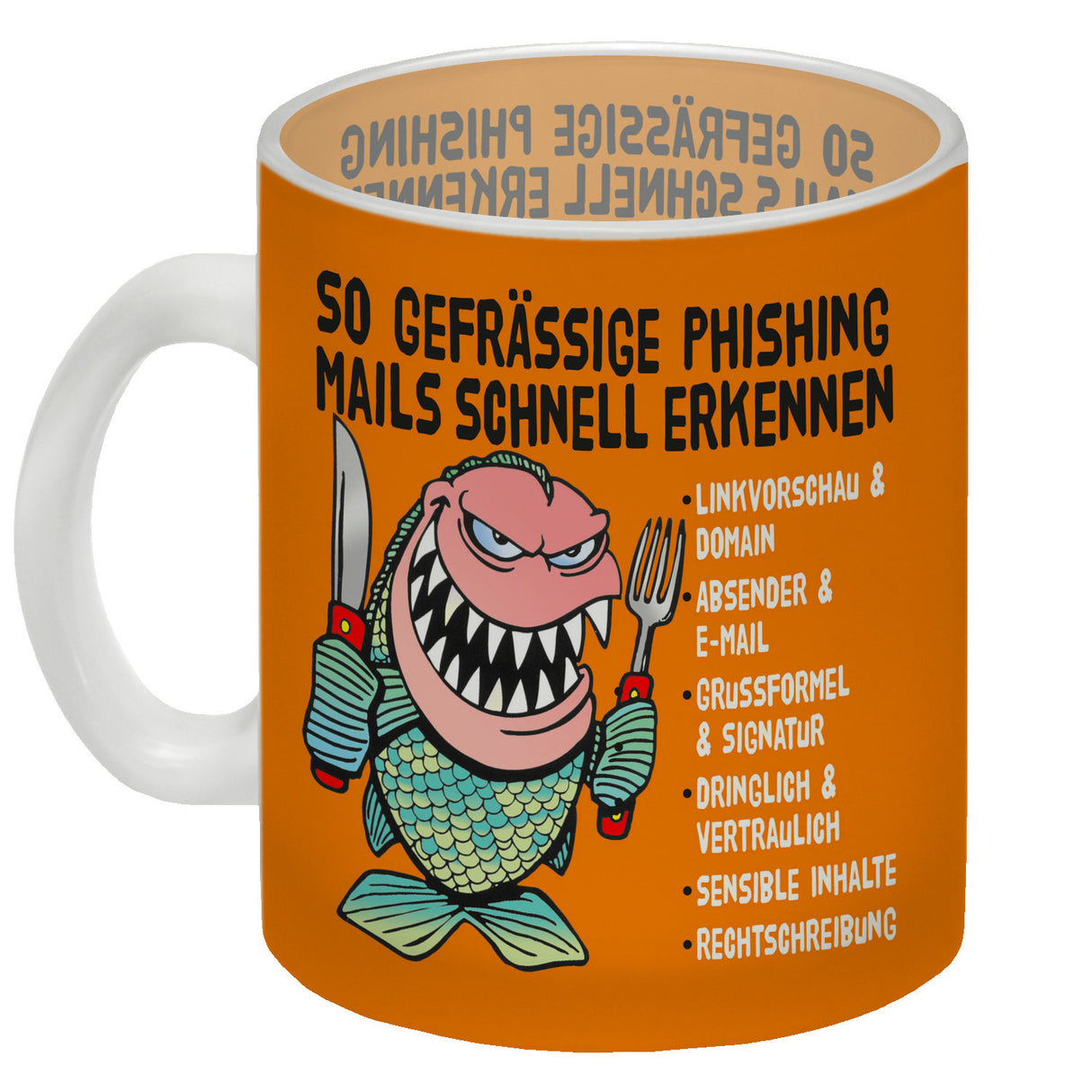 Kaffeebecher zum Thema Phishing Mails erkennen mit Fisch Motiv