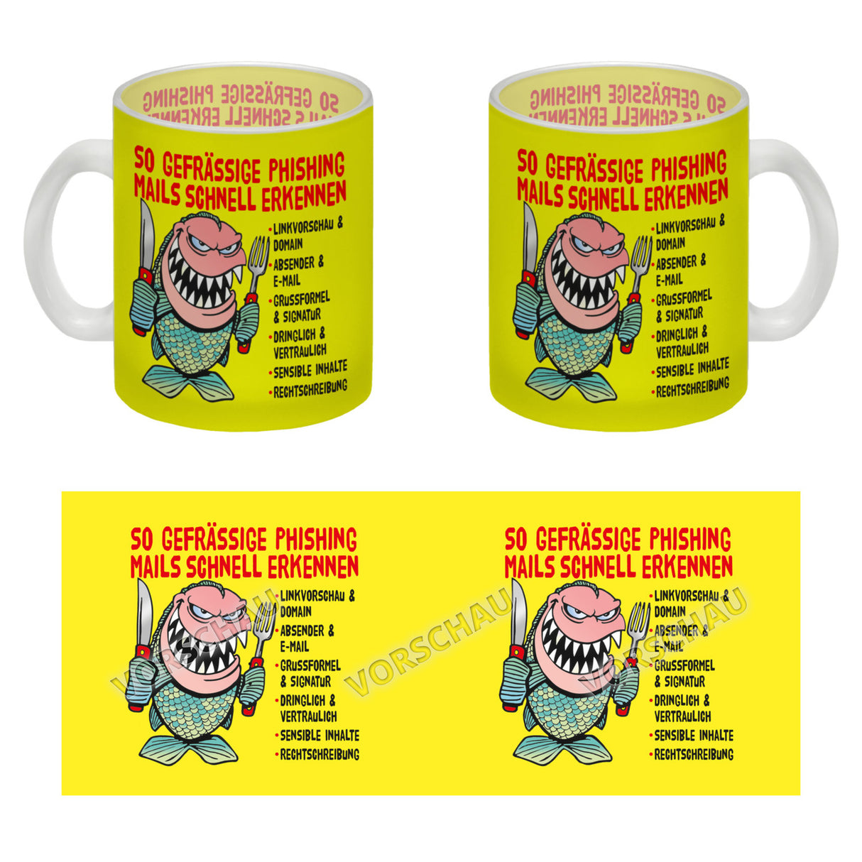 Kaffeebecher zum Thema Phishing Mails erkennen mit Fisch Motiv