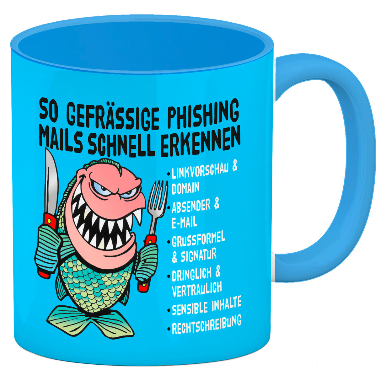 Kaffeebecher zum Thema Phishing Mails erkennen mit Fisch Motiv
