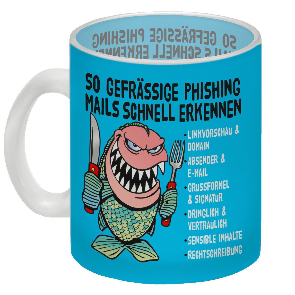Kaffeebecher zum Thema Phishing Mails erkennen mit Fisch Motiv