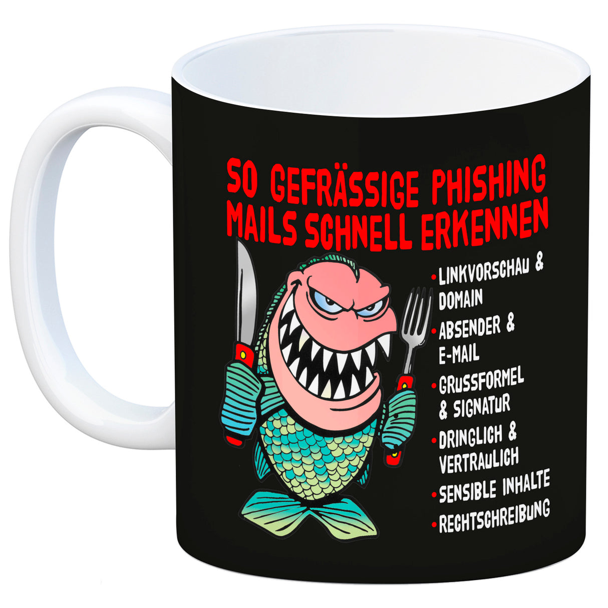 Kaffeebecher zum Thema Phishing Mails erkennen mit Fisch Motiv