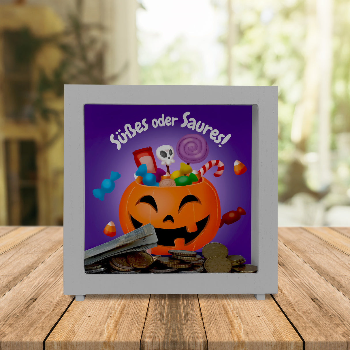 Süßes oder Saures Halloween Spardose mit lustigem Kürbis