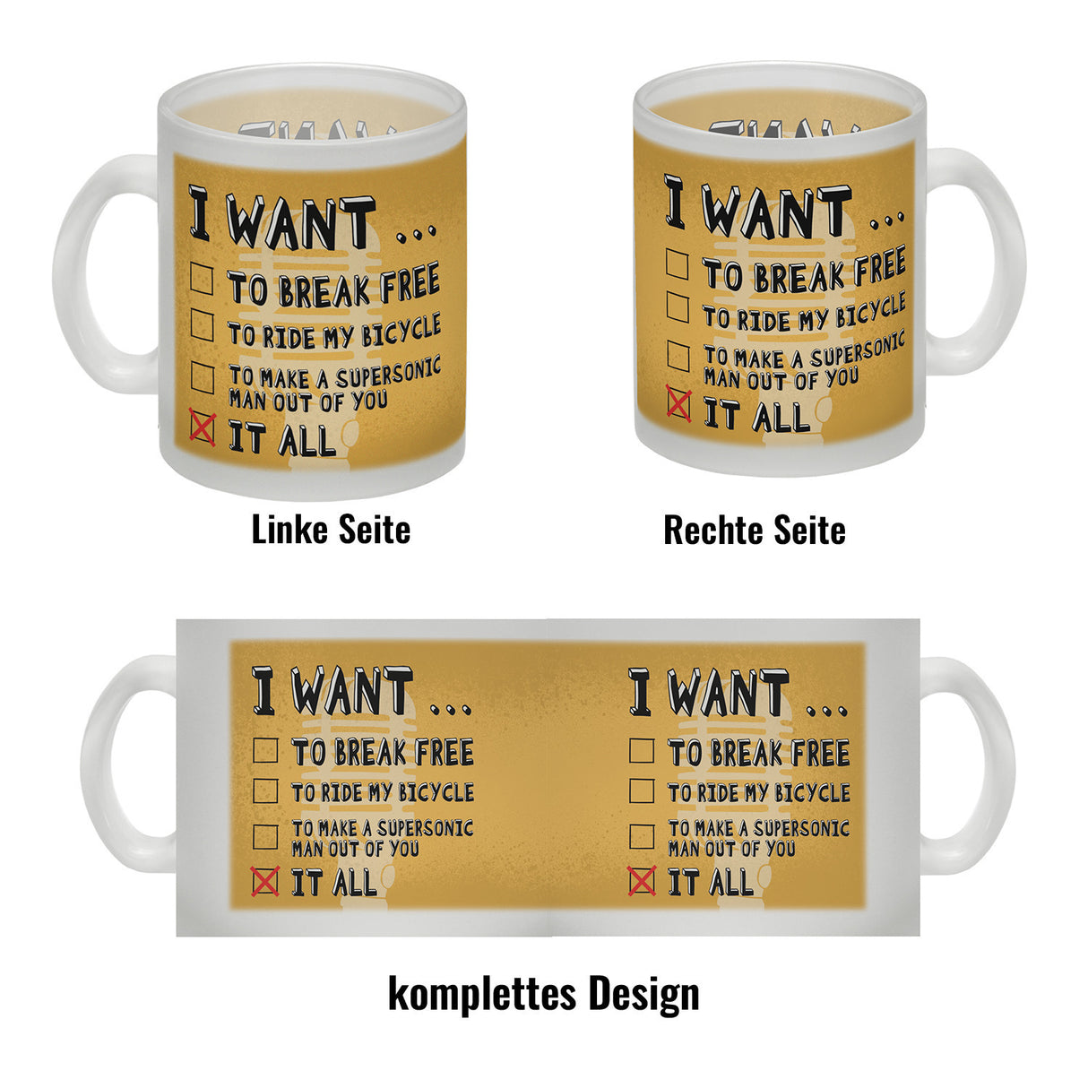I want … Kaffeebecher mit bekannten Songtexten