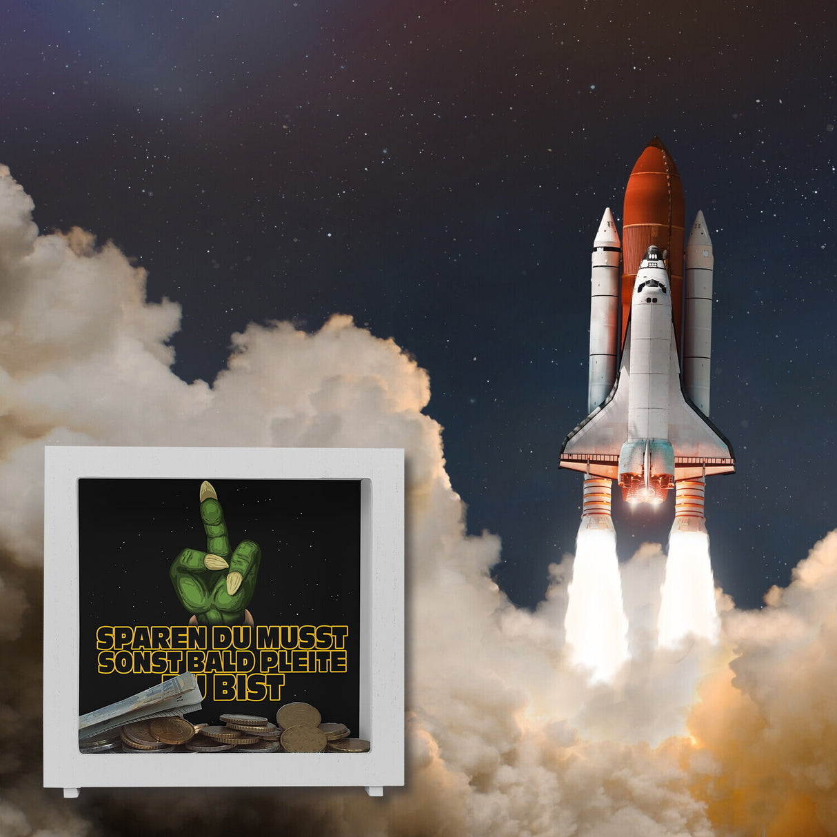 Sparen du musst sonst bald pleite du bist Spardose mit Sci-Fi Motiv