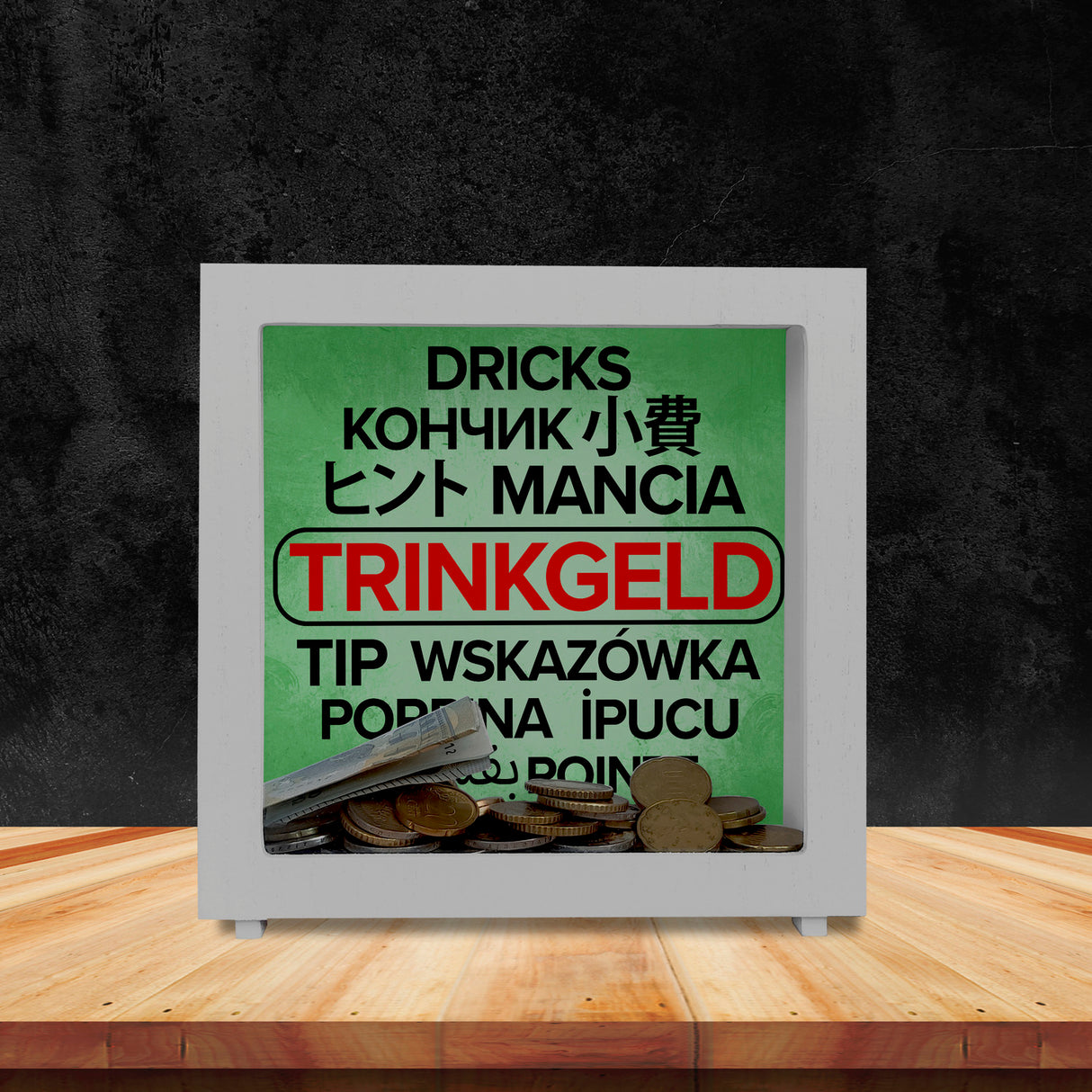 Trinkgeld in verschiedenen Sprachen Spardose