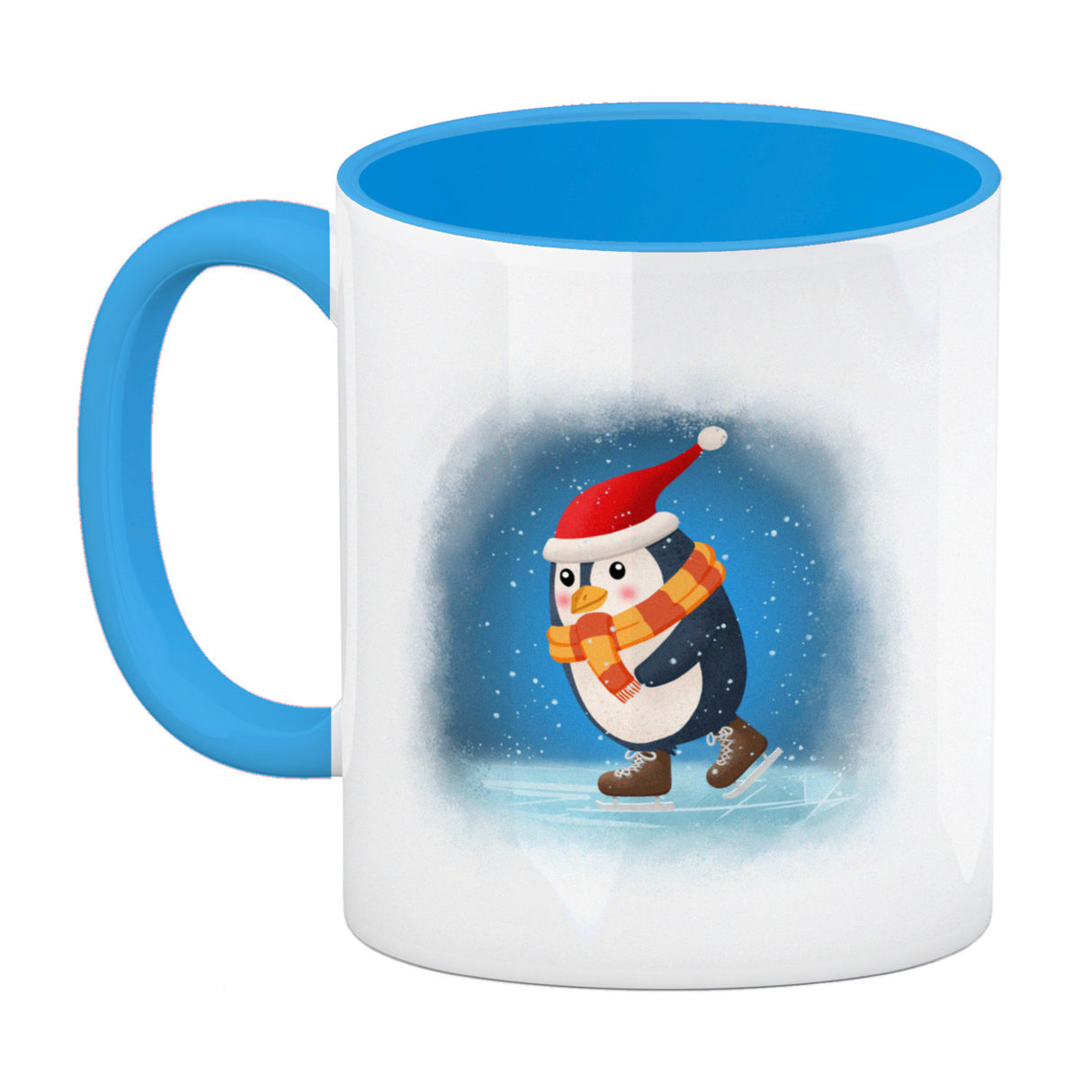 Pinguin mit Weihnachtsmütze und Schlittschuhen Kaffeebecher