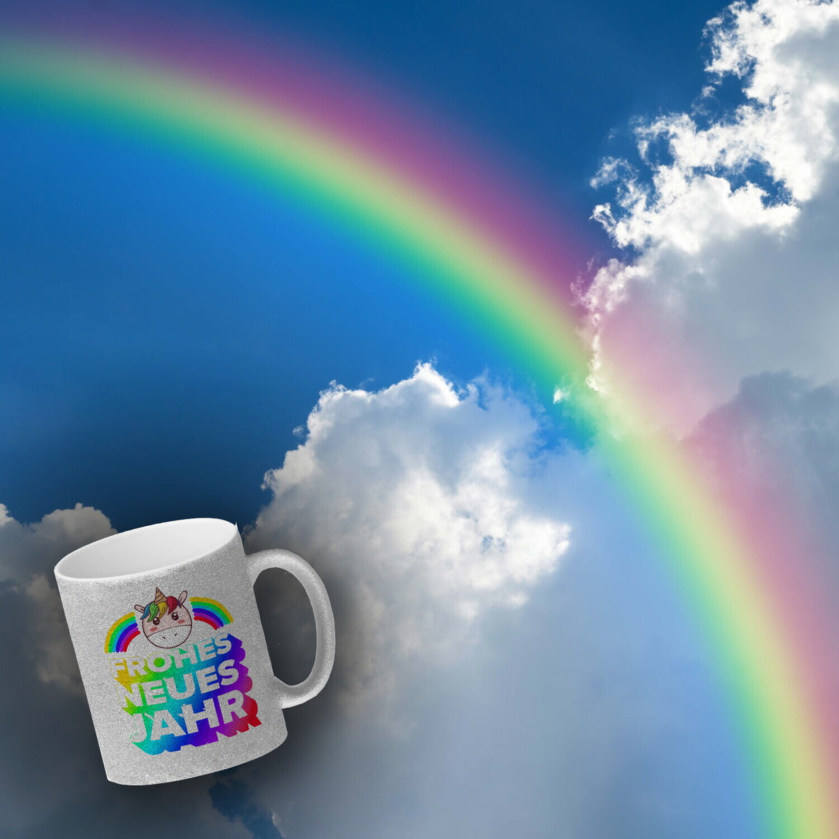 Frohes neues Jahr Regenbogen und Einhorn Kaffeebecher