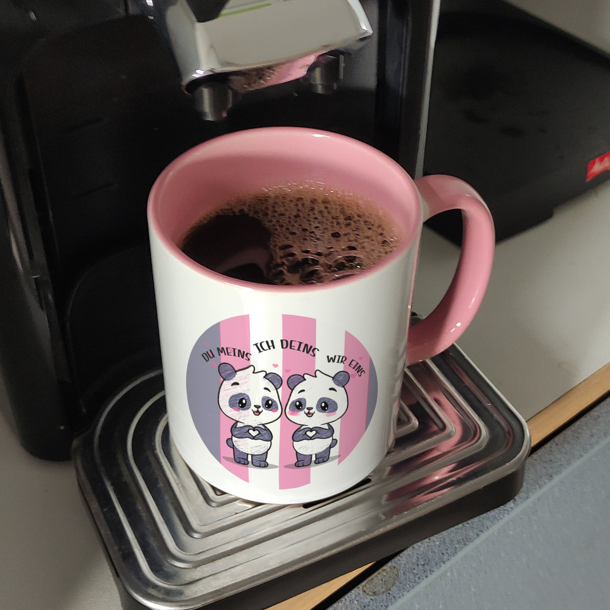 Panda Kaffeebecher mit Spruch Du meins ich deins wir eins