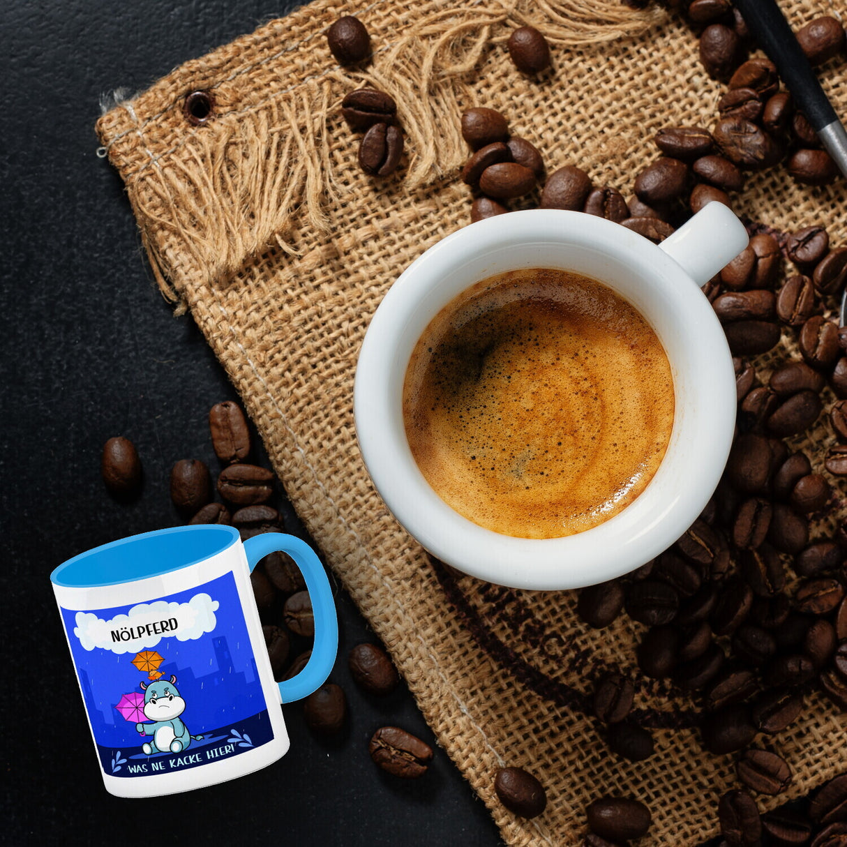 Nilpferd Kaffeebecher mit Spruch Nölpferd Was ne Kacke hier!