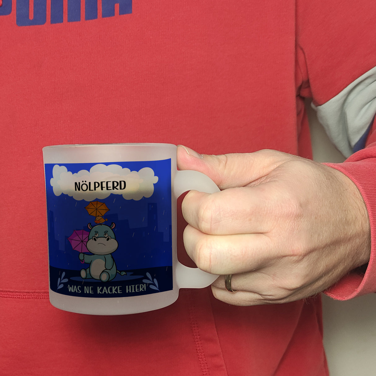 Nilpferd Kaffeebecher mit Spruch Nölpferd Was ne Kacke hier!