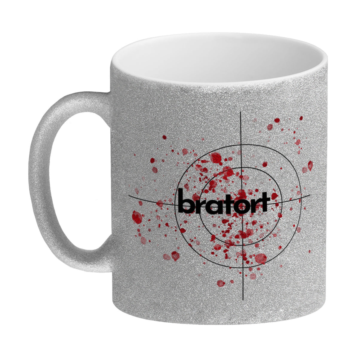 Bratort Kaffeebecher mit Blutspritzern und Fadenkreuz