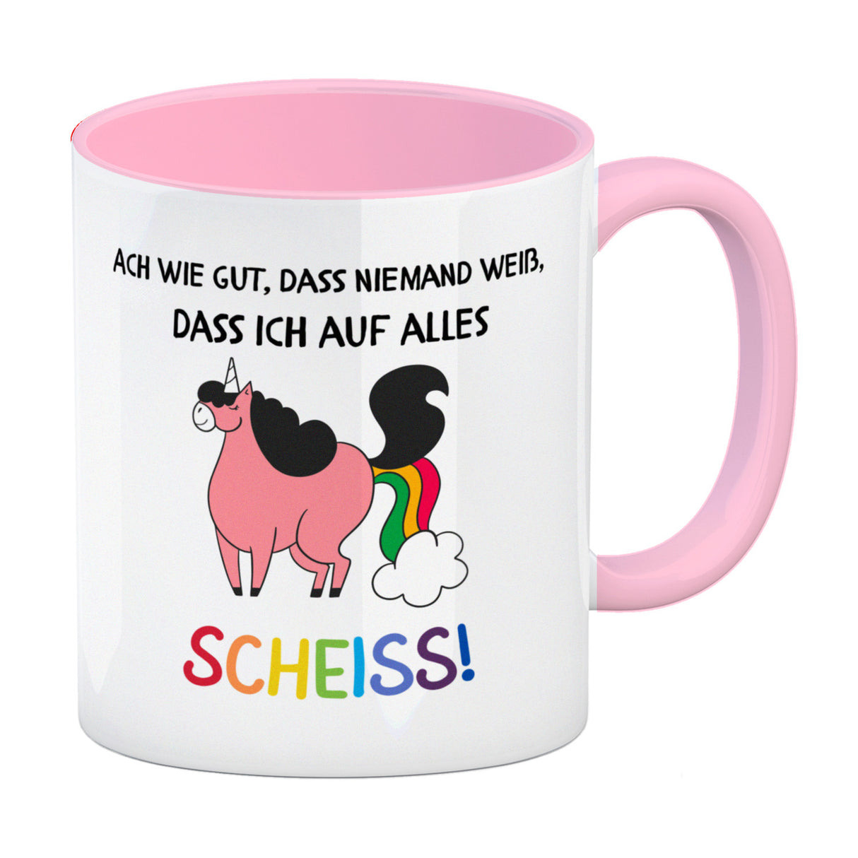 Einhorn Kaffeebecher mit Spruch Ach wie gut, dass niemand weiß
