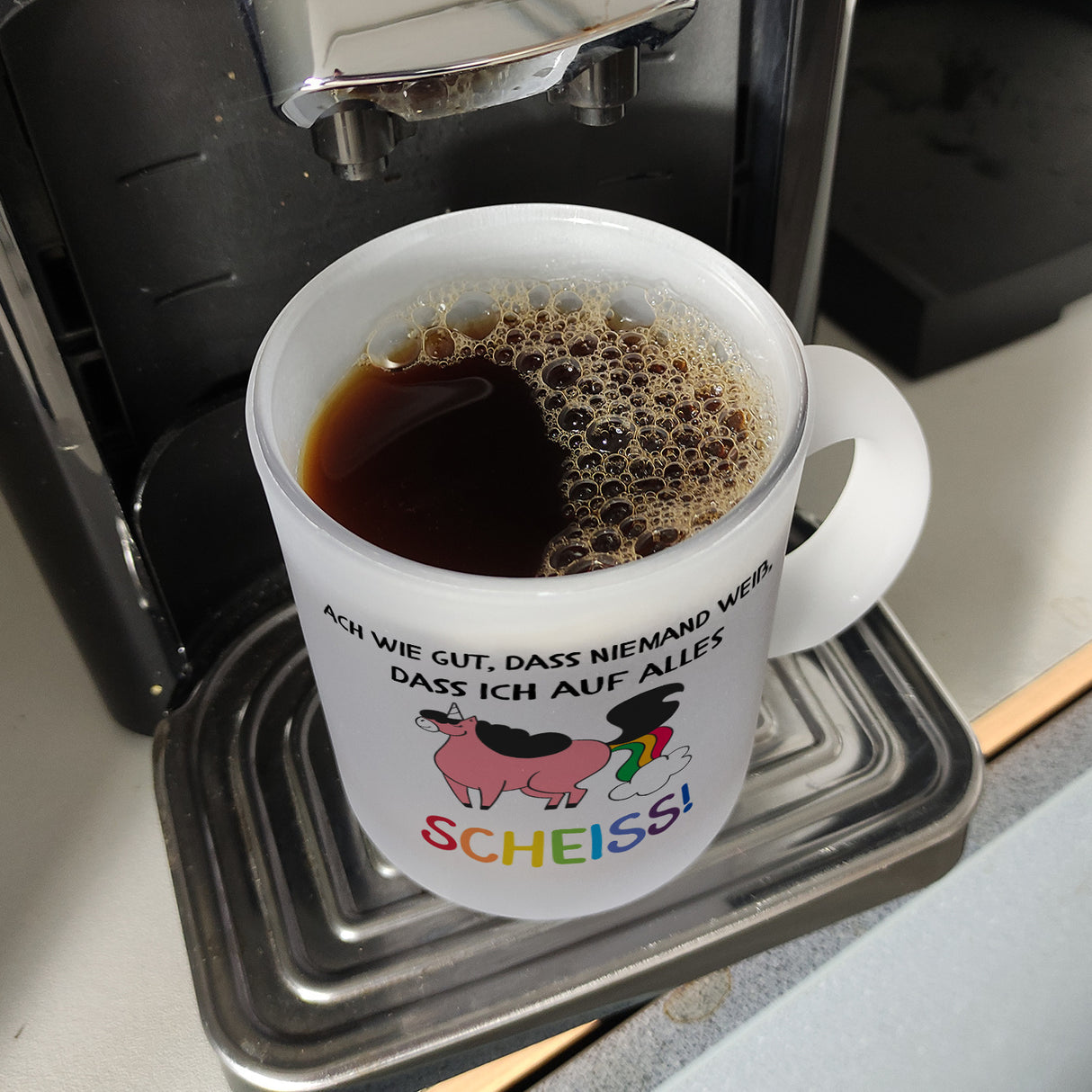 Einhorn Kaffeebecher mit Spruch Ach wie gut, dass niemand weiß