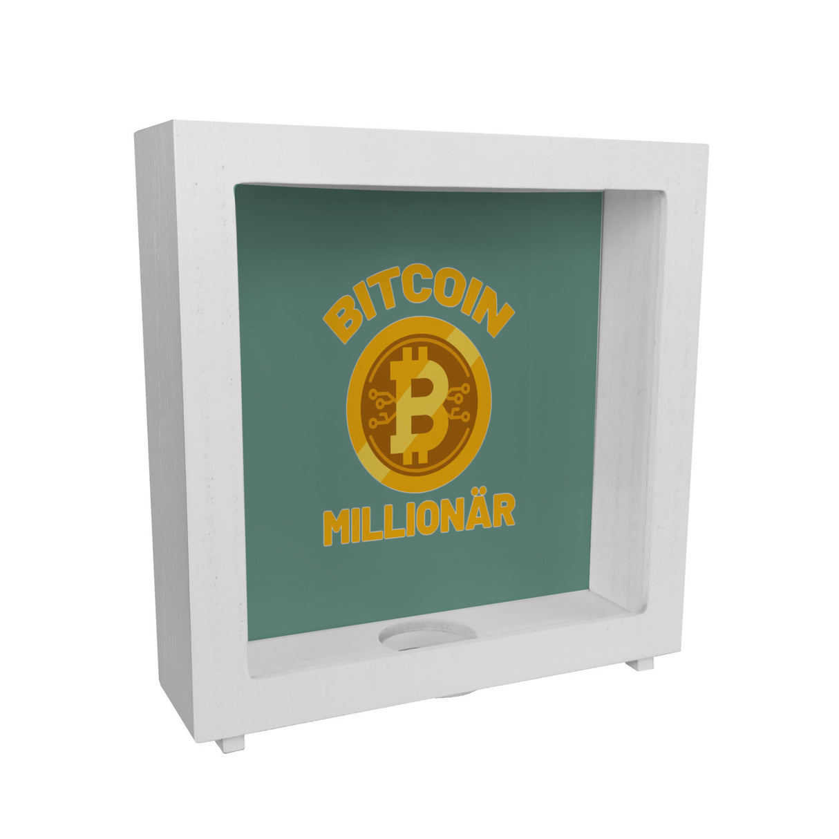 Bitcoin Millionär Spardose mit grünem Hintergrund und Kryptowährung