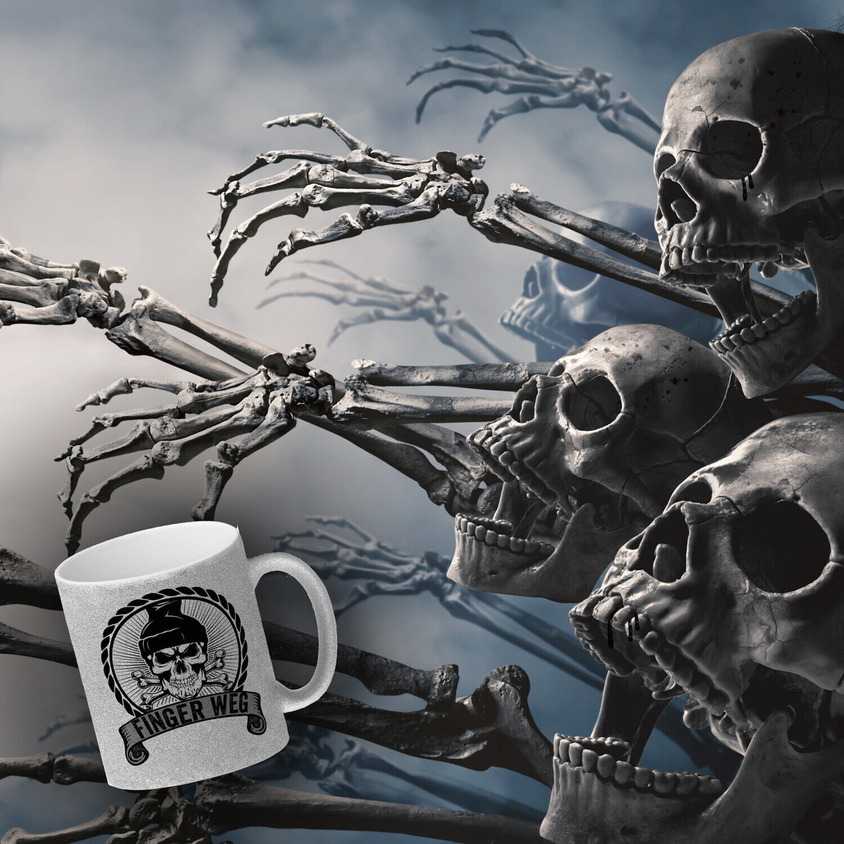 Totenkopf Finger Weg Kaffeebecher mit Banderole
