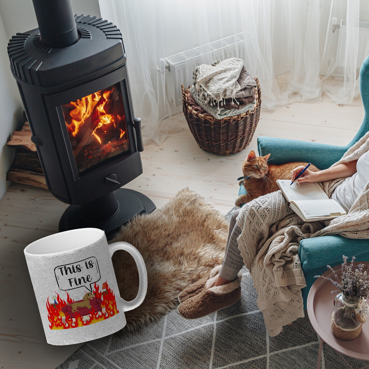 This is fine Kaffeebecher Hund in brennendem Wohnzimmer