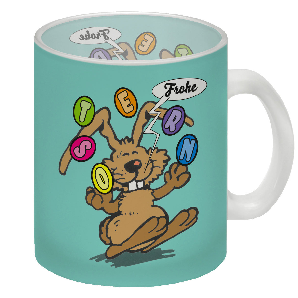 Frohe Ostern! Osterhase jongliert mit Ostereiern Kaffeebecher in {weiß}
