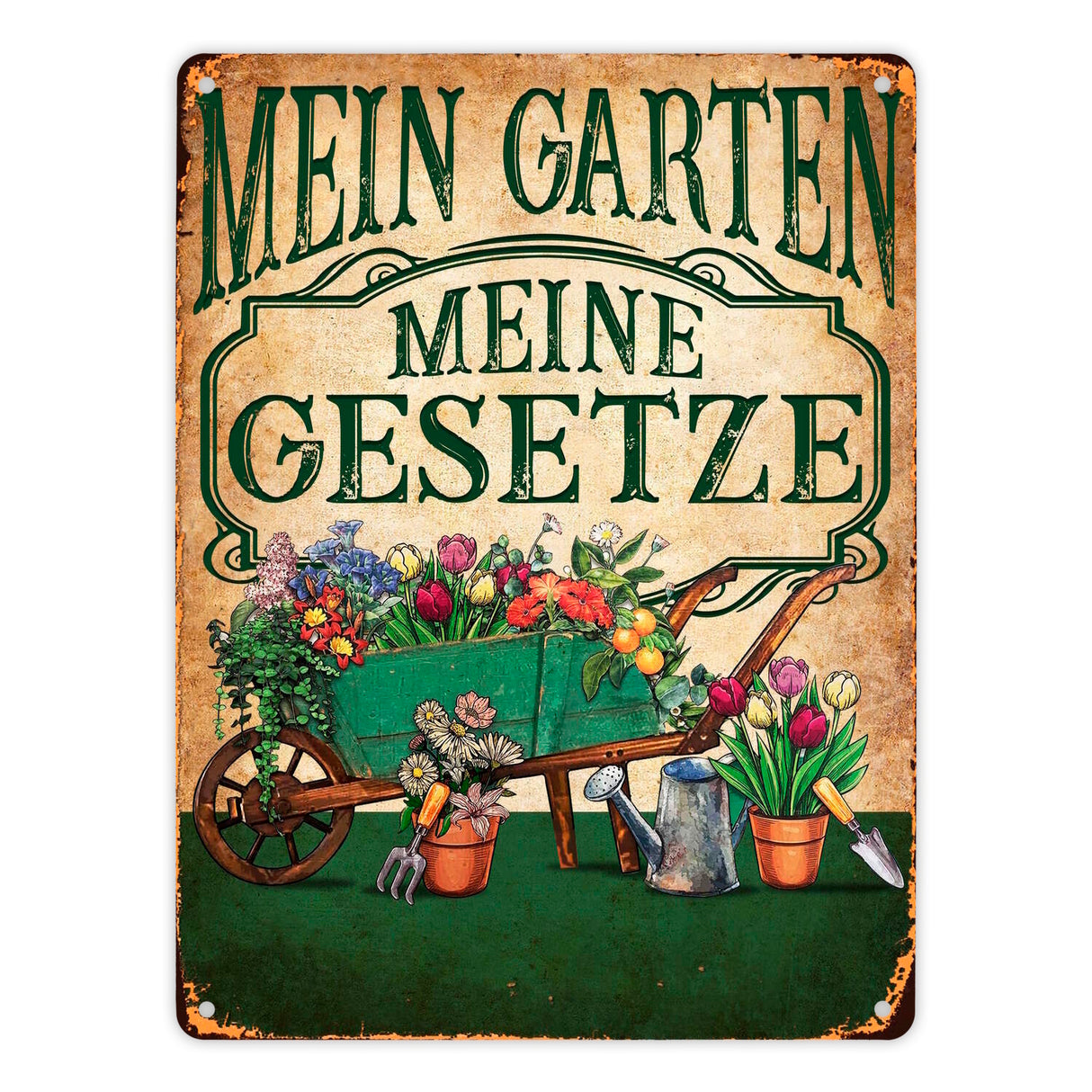 Mein Garten Meine Gesetze Metallschild in 15x20 cm mit Blumenwagen