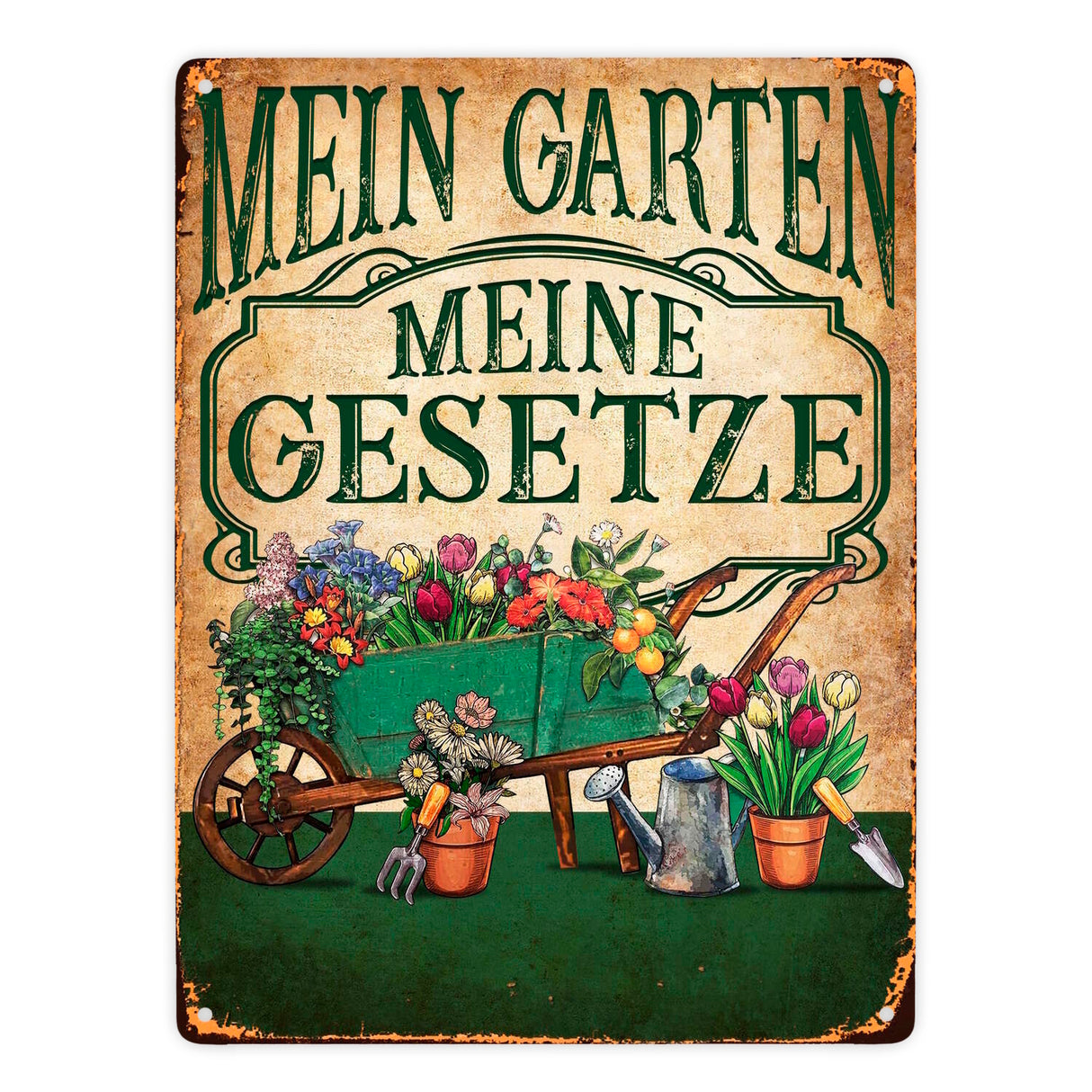 Mein Garten Meine Gesetze Metallschild in 15x20 cm mit Blumenwagen