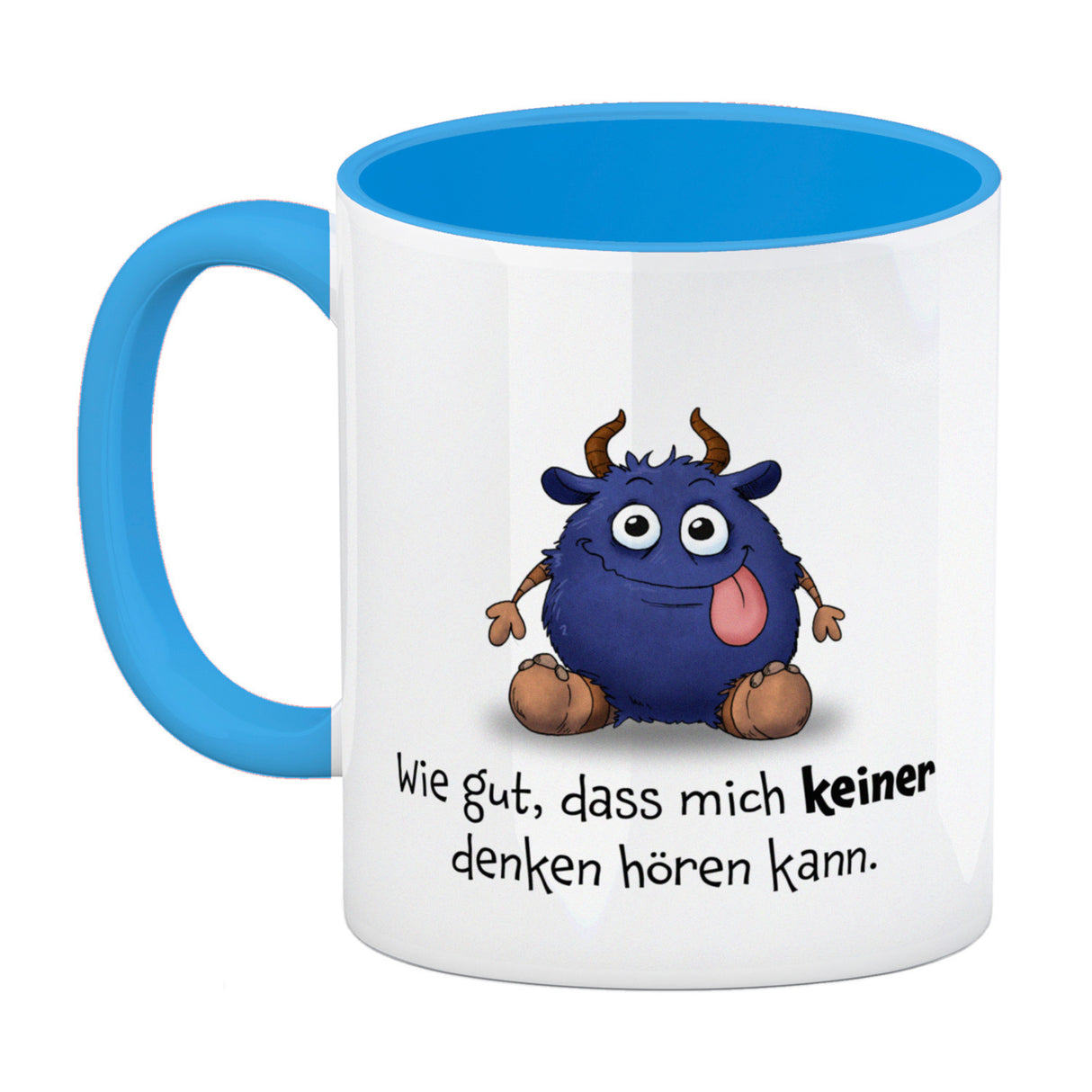 Freches Monster in dunkelblau Kaffeebecher mit lustigem Spruch