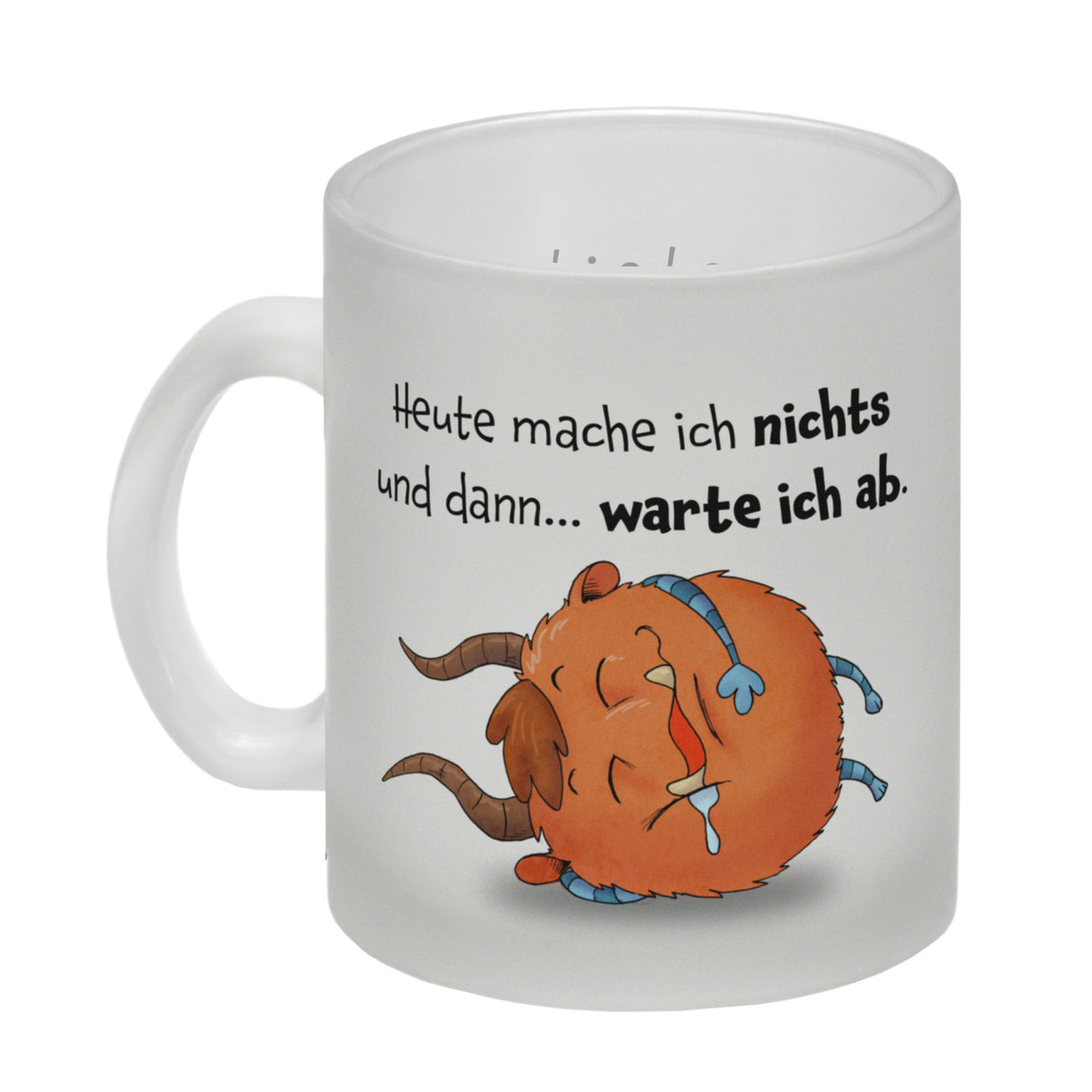 Freches Monster in orange Kaffeebecher mit lustigem Spruch